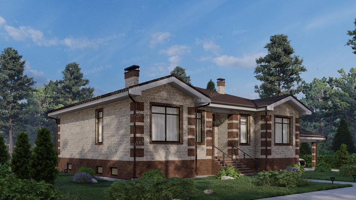 Проект одноэтажного дома 196 м2 с цоколем, навесом и террасой