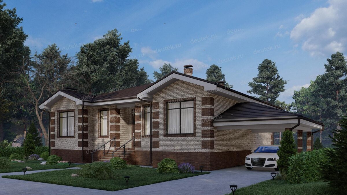 Проект одноэтажного дома 196 м2 с цоколем, навесом и террасой