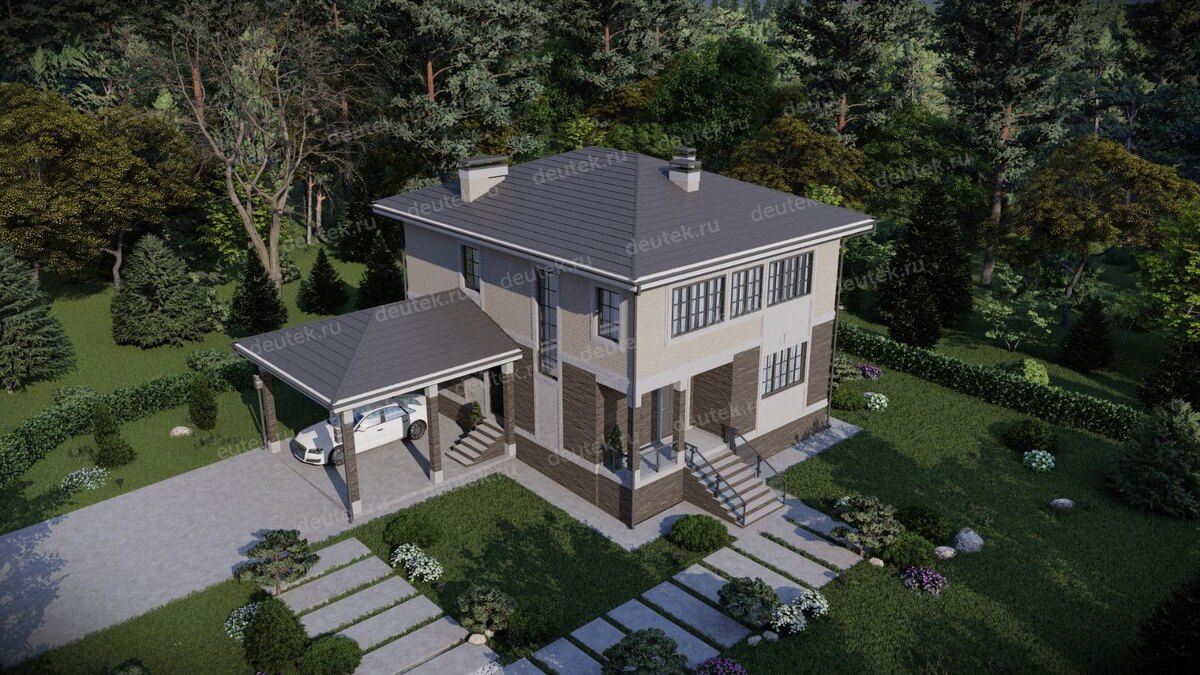 Проект двухэтажного дома 197 м2 с навесом для автомобиля и кабинетом