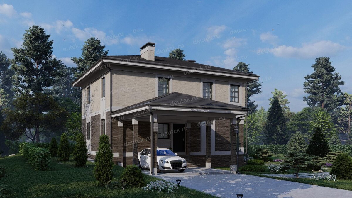 Проект двухэтажного дома 197 м2 с навесом для автомобиля и кабинетом