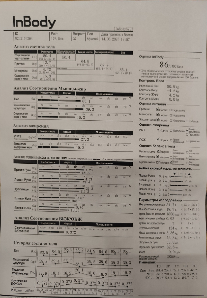 Мой анализ состава тела, перед началом программы.