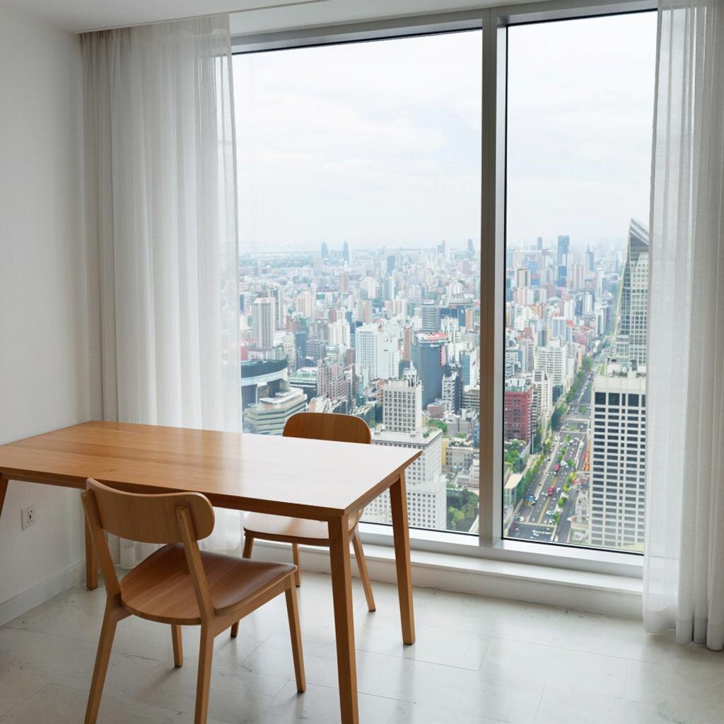 Полупустая комната с мягким рассеянным светом, чистым столом и стулом возле окна, снаружи виден серый пейзаж города.