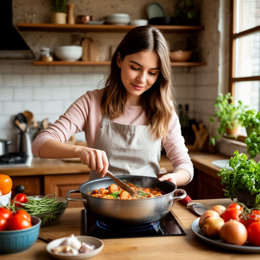 Девушка готовит еду