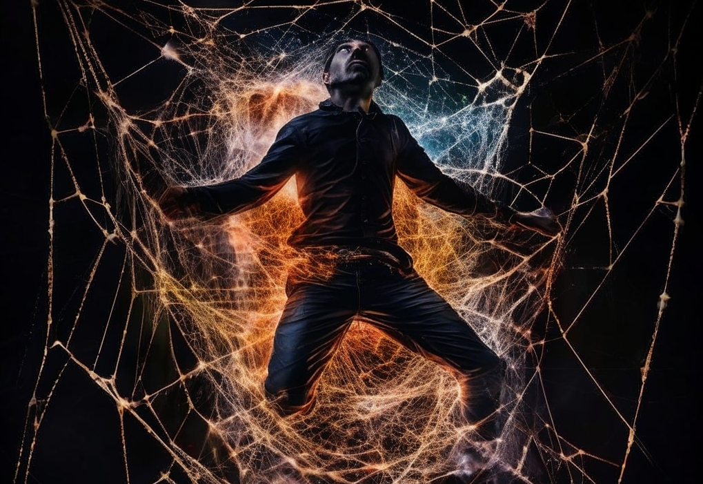 Человек в паутине энергетических ловушек — символ борьбы с истощением и выгоранием