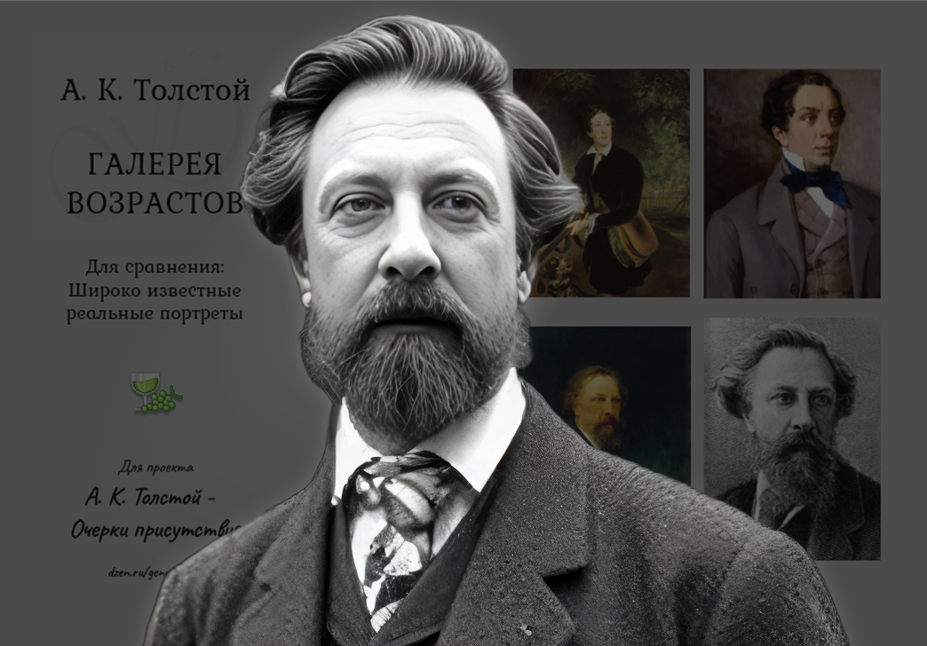 Один из моих нейропортретов А. К. Толстого на фоне известных реальных портретов. Автор GenuineLera в Krea (Flux), 2025