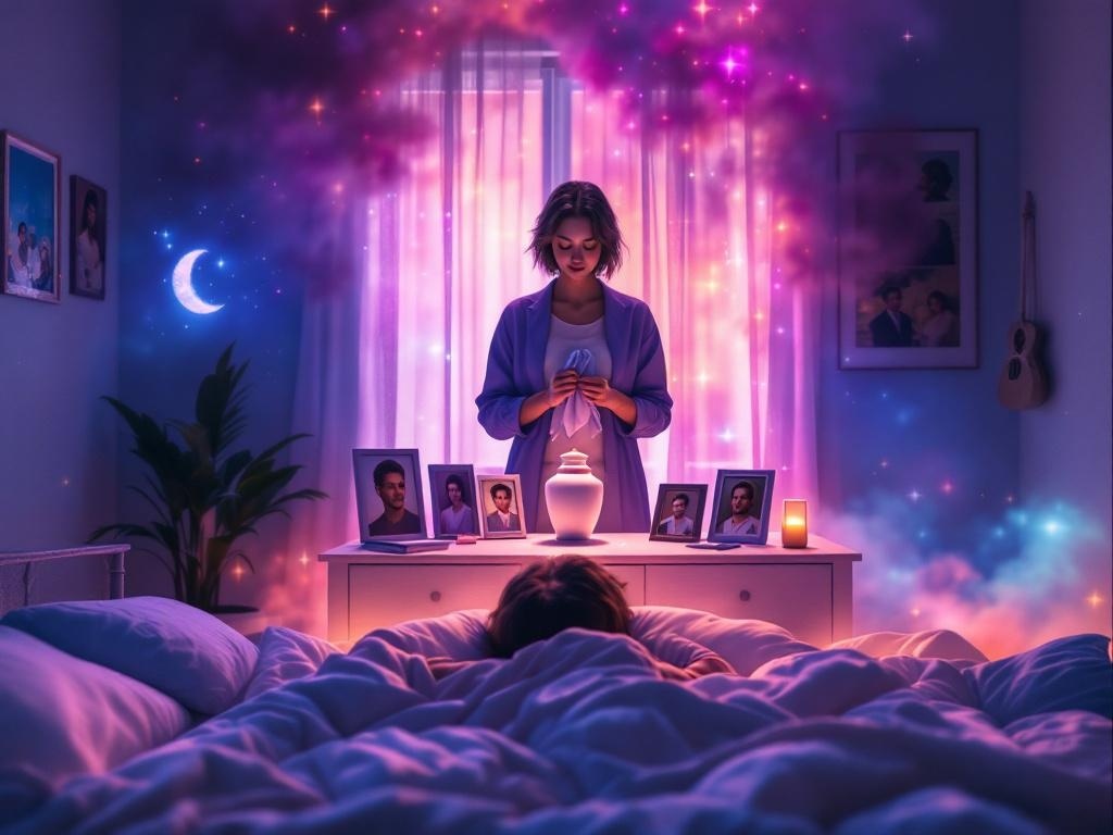    К чему такое снится: На картине изображена женщина, которая стоит перед маленьким, аккуратным урной на столике в светлом помещении. Урна окружена фотографиями мужчины. В руках у женщины