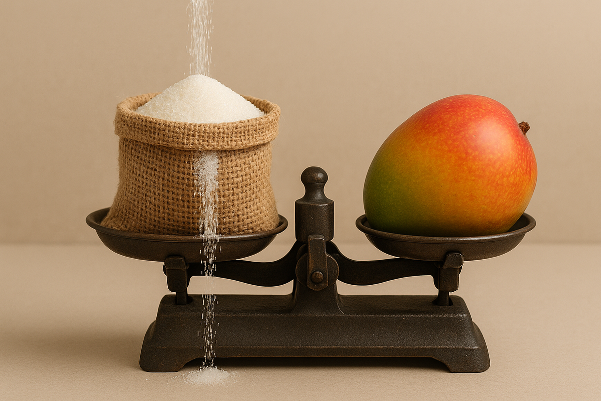 на весах мешок сахара открытый и с него сыпется сахар,с другой стороны манго