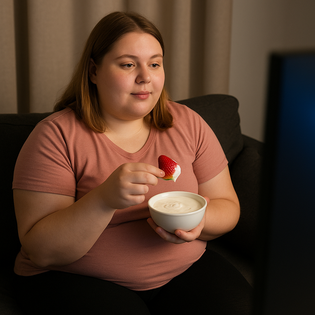 девушка на диване, перед телевизором макает клубнику в сливки