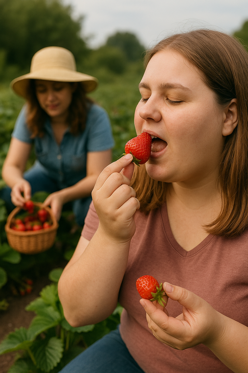 девушки на клубничном фото собирают клубнику. на первом плане девушка есть клубнику с грядки