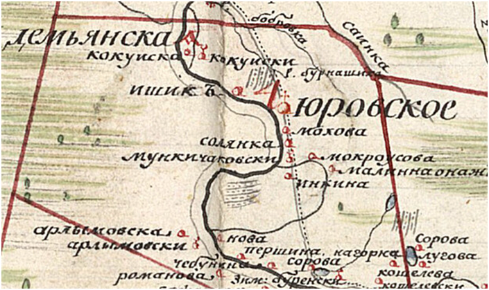 Рис.1. Село Юровское с окрестностями. Фрагмент карты, 1784 г.