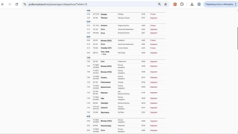    Информация об отмене и задержке авиарейсов в Петербурге утром 24 августа на онлайн-табло аэропорта Пулково. Автор фото: pulkovoairport.ru