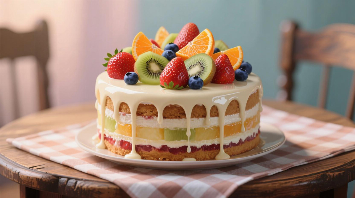 Фруктовый торт с ванильным соусом
