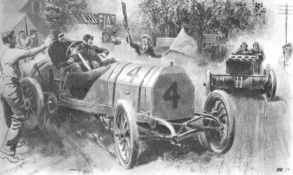    На рисунке художника Питера Хелька запечатлен драматичный эпизод гонки на Кубок Вандербильта 1905 года. Винченцо Лянча, лидировавший с огромным отрывом, остановился для смены колеса. Но после так торопился вернуться на трассу, что решил не пропускать мчавшийся на всех парах автомобиль соперника... Как результат — столкновение, лишившее Винченцо шансов на общий успех. Увы, поспешность и горячность были свойственны Лянче-пилоту точно так же, как бесстрашие и мастерство