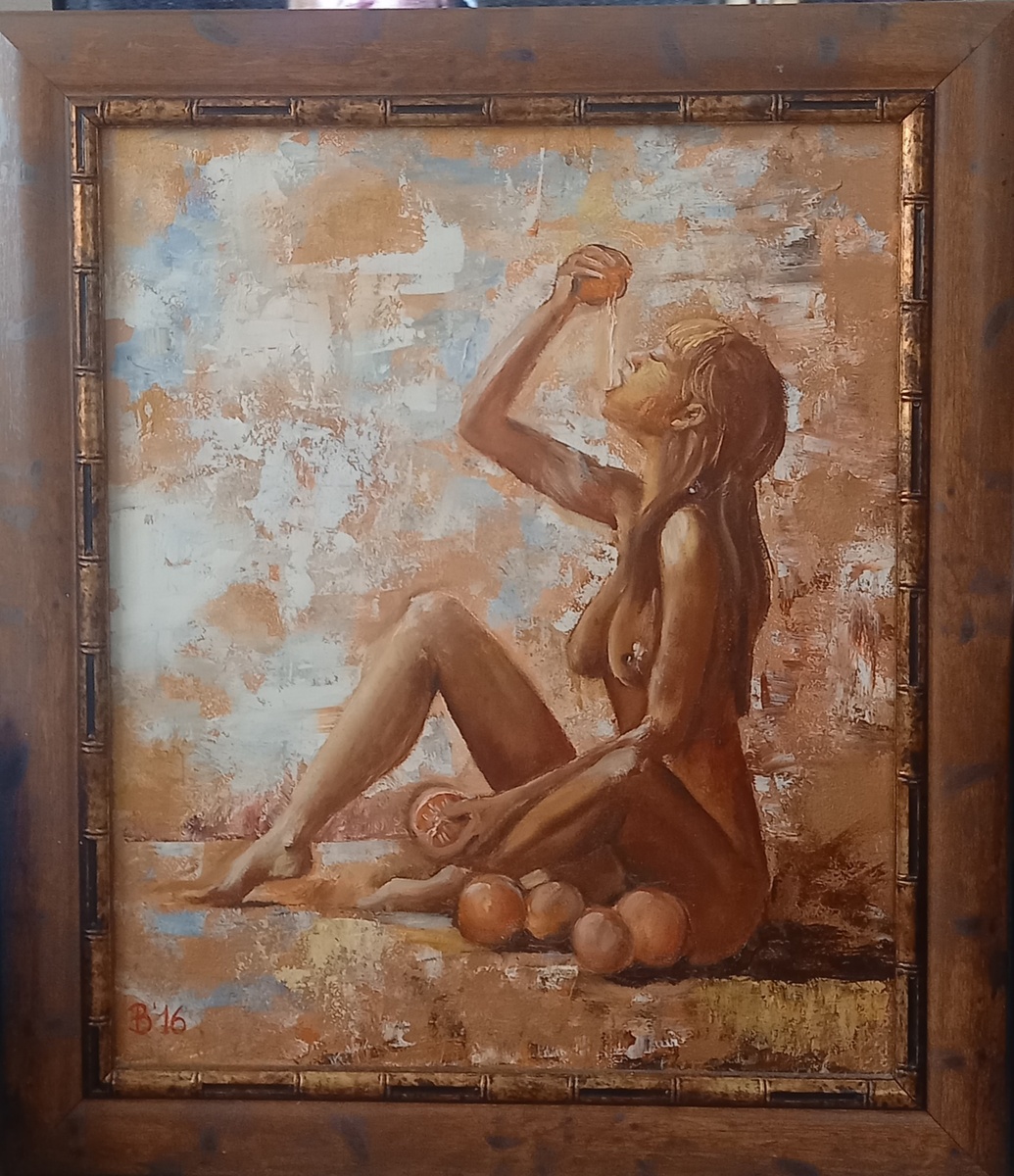 Масло, ДВП, 60*70, рама 5 см. В картине использованы 2 вида золотой краски (светлое золото и золото инков) и медная краска. Картина поблескивает при свете. Цена 12000 рублей.