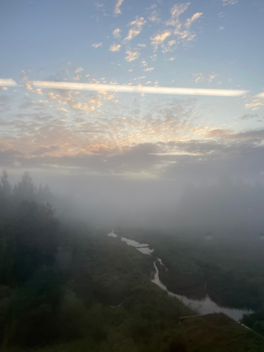 Очень красивые пейзажи были вечером - легкий туман окутывал леса, фотографировала из окна электрички