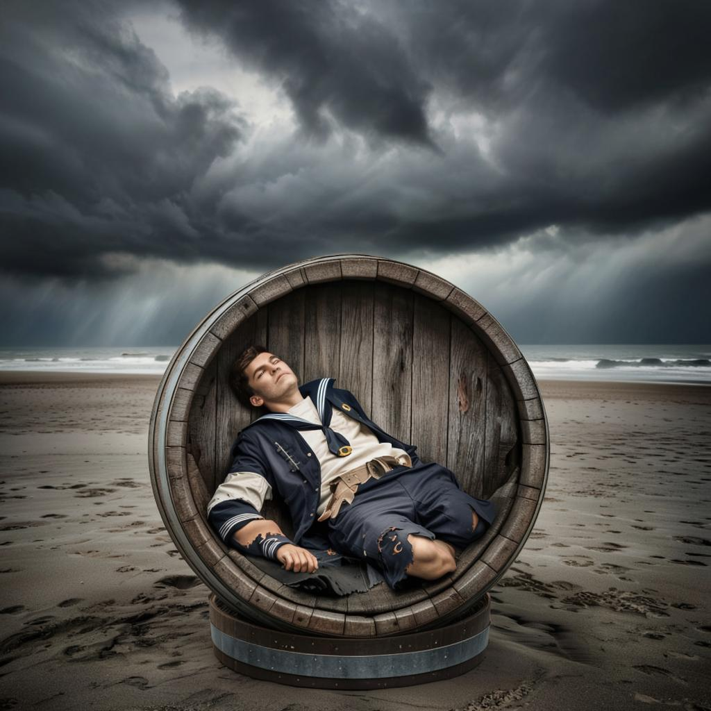 Бочка и труп мужчины. Картинка сгенерирована нейросетью Сбера.