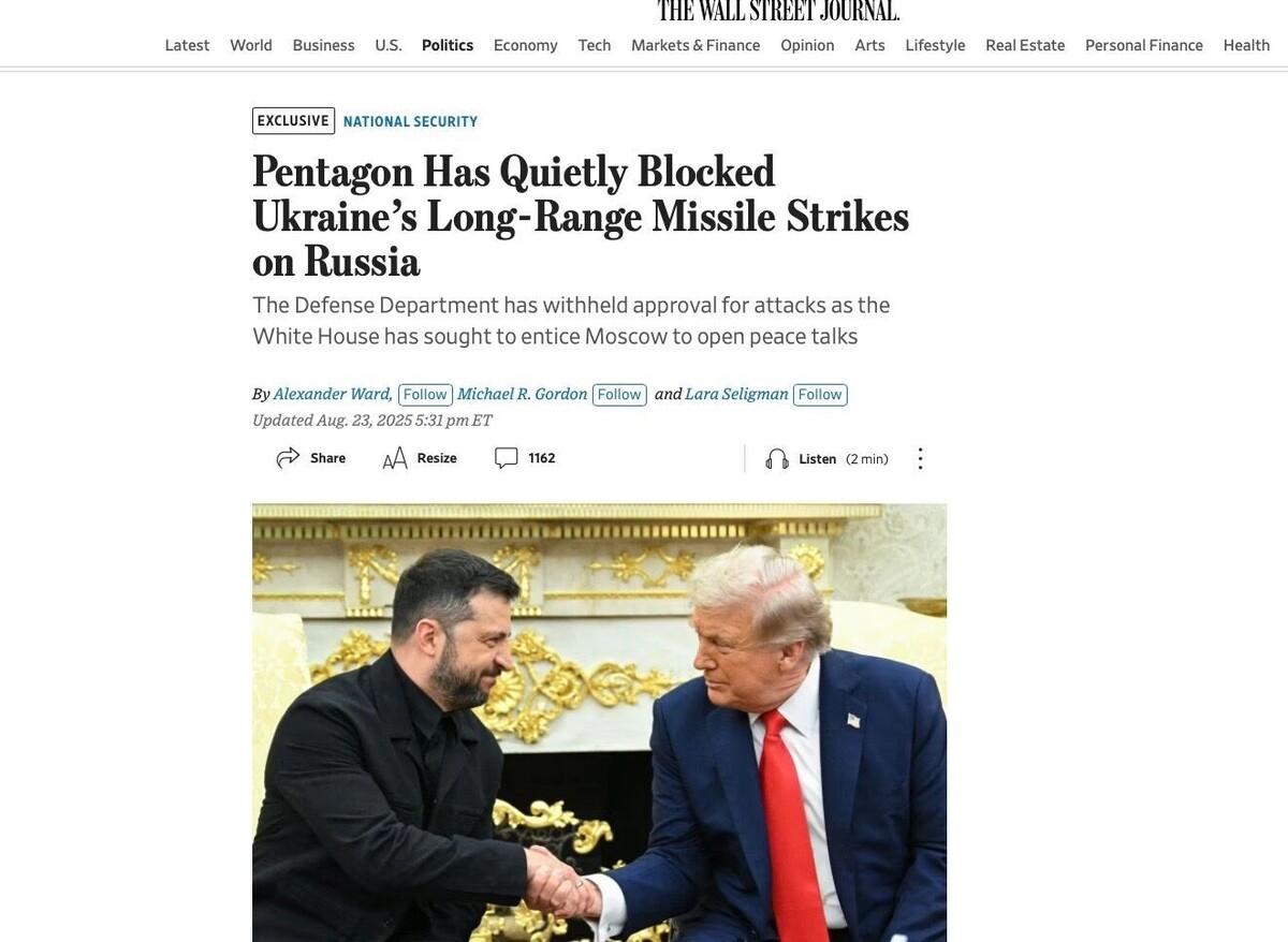 В заголовке WSJ говорится о блокировании дальнобойных ударов по России. Фото: WSJ