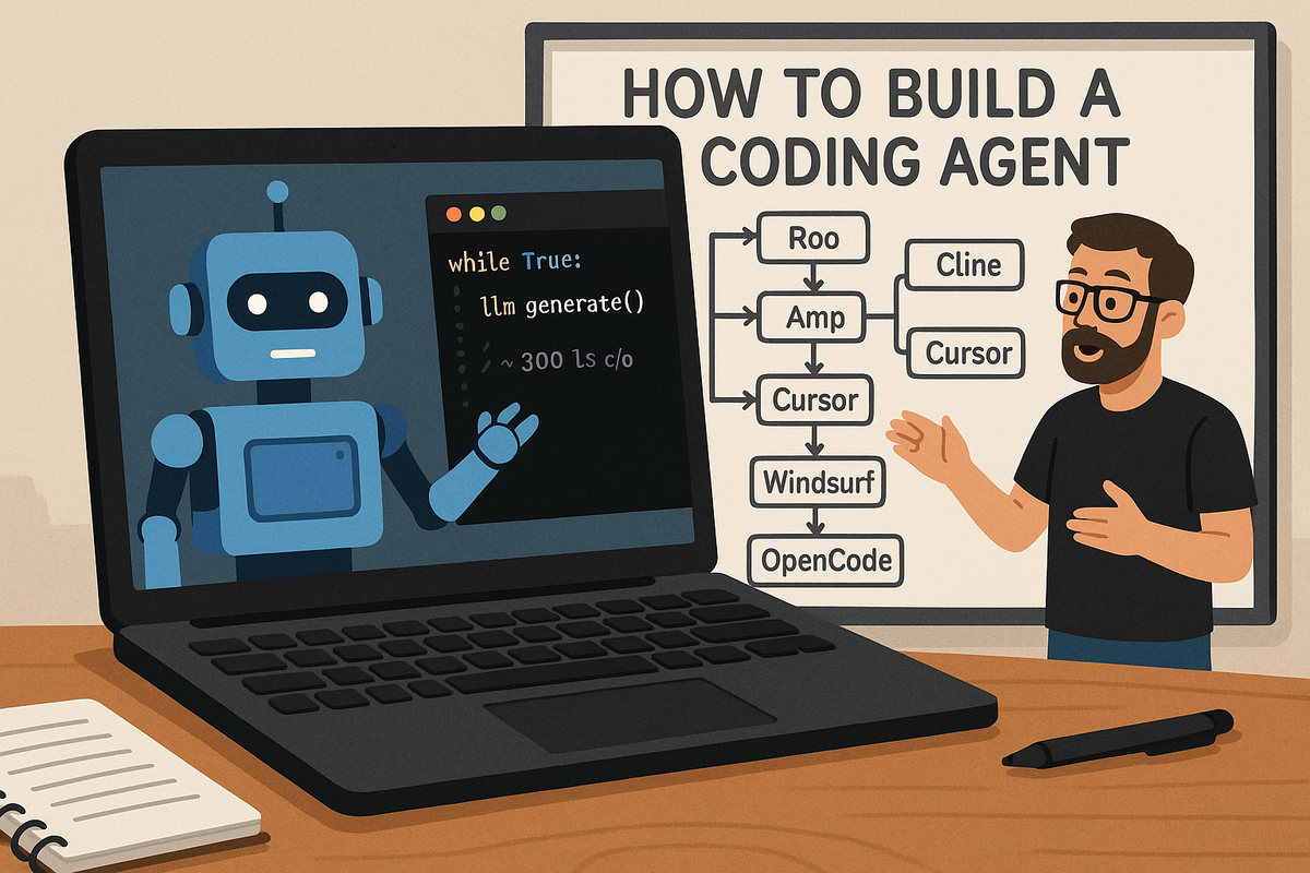 На иллюстрации показан воркшоп: преподаватель объясняет схему построения кодирующего агента на доске, а на ноутбуке отображается робот с кодом на экране. Атмосфера подчёркивает практическое обучение созданию ИИ-агентов.