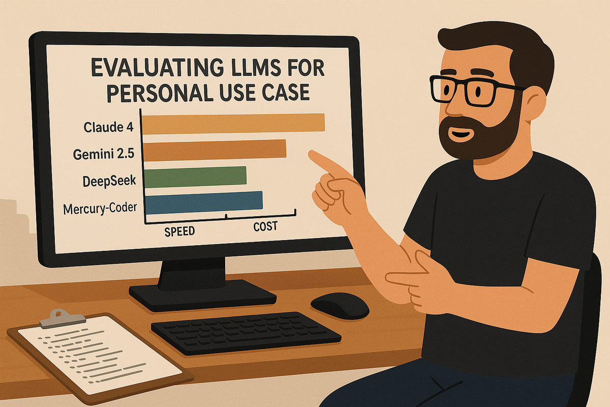На иллюстрации изображён мужчина в очках, сидящий за рабочим столом и указывающий на монитор с графиком сравнения LLM-моделей по скорости и стоимости. Рядом на столе лежит клавиатура, мышь и блокнот с заметками, создавая атмосферу аналитической работы.