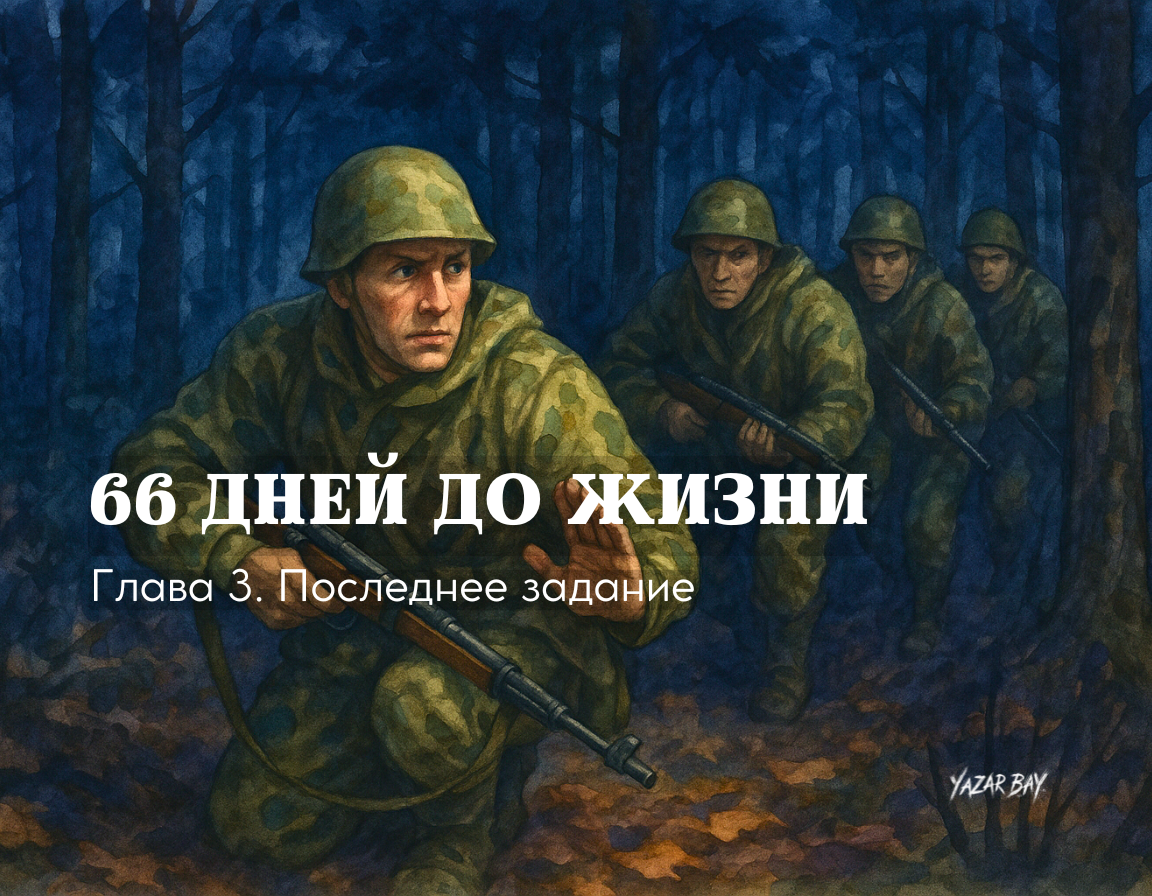 Отряд советских саперов во главе с Дмитрием Яблочкиным скрытно продвигается через ночной лес на выполнение опасного задания в тылу врага. ©Язар Бай.