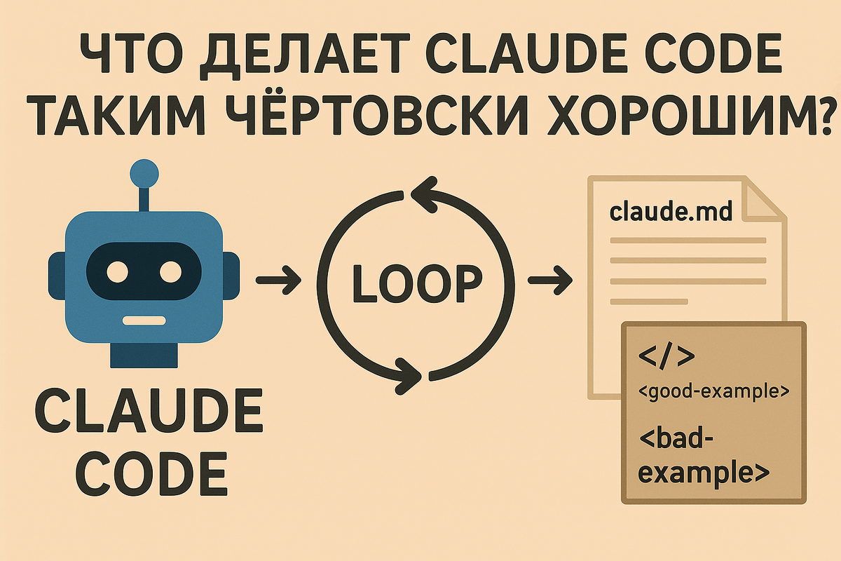 На изображении схематично показан принцип работы Claude Code: робот-символ, основной цикл (loop) и файл с подсказками claude.md, содержащий хорошие и плохие примеры кода. Иллюстрация подчёркивает простоту архитектуры агента и использование контекста для управления ответами.