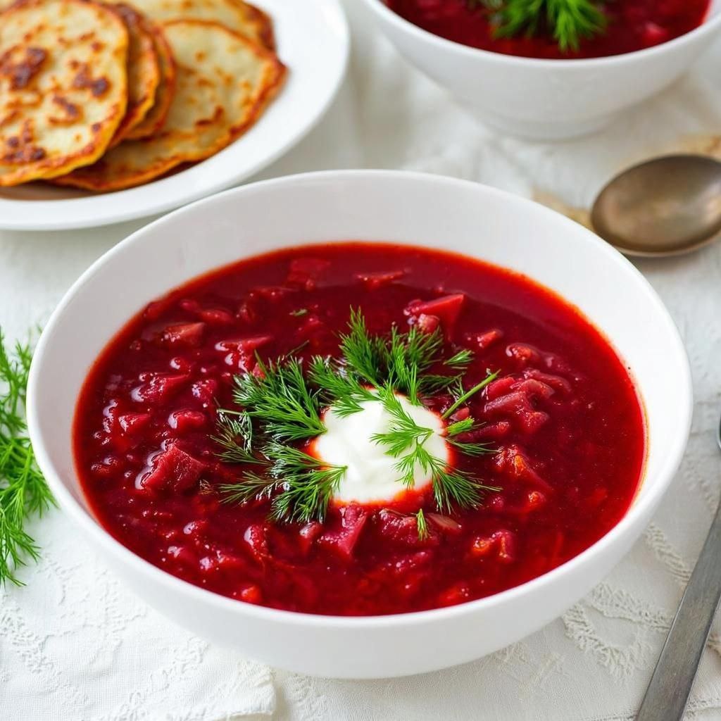 На снимке вы видите тарелку красного наваристого борща со свеклой,иллюстрация сгенерирована нейросетью по описанию автора