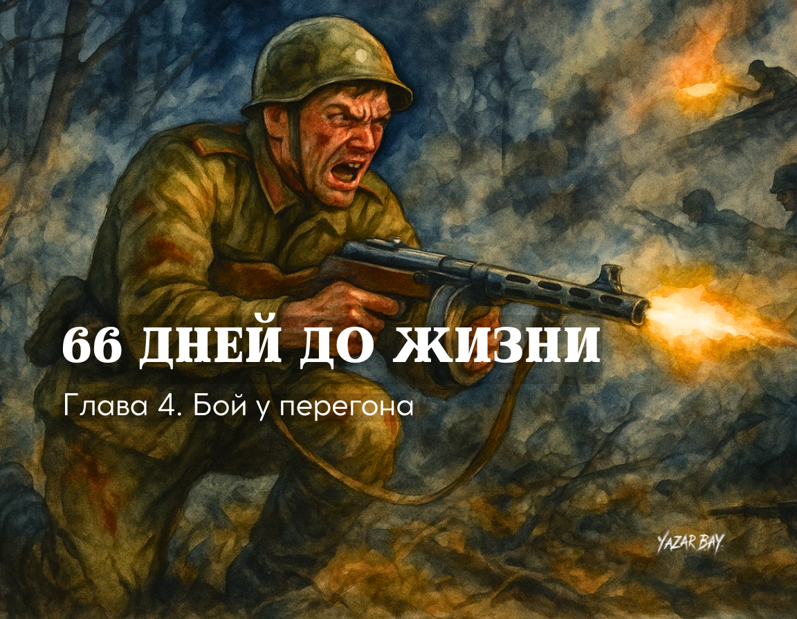 Раненый советский сапер Дмитрий Яблочкин ведет свой последний бой против немецких солдат во время диверсионной операции в тылу врага. ©Язар Бай.