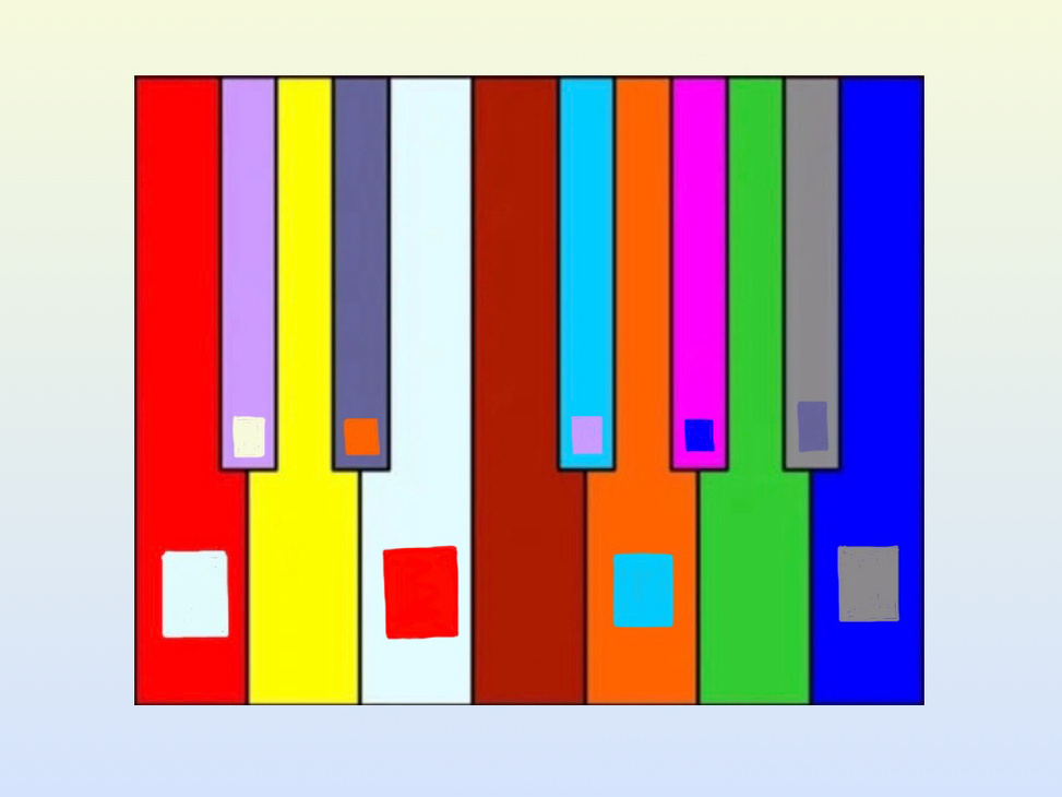 Звуковая палитра Александра Скрябина. Маленькие цветные квадратики сверху - это моя палитра. Как видите, три цвета (ре, фа и ля) совпали. 