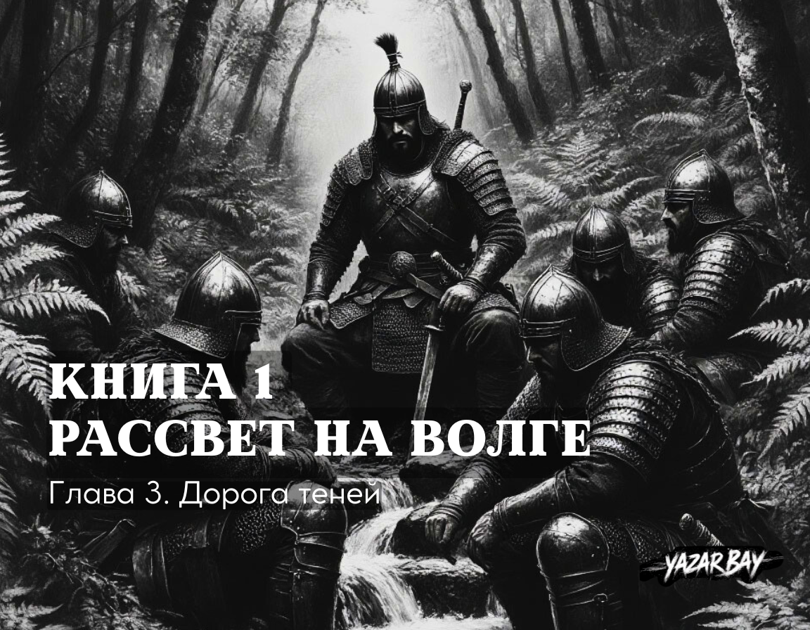 Ниже, у ручья, отдыхает отряд грозных хазарских воинов в чёрных чешуйчатых доспехах