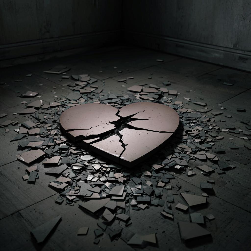 Сердечко, расколотое на кусочки, лежит на полу, вокруг тусклая обстановка комнаты.