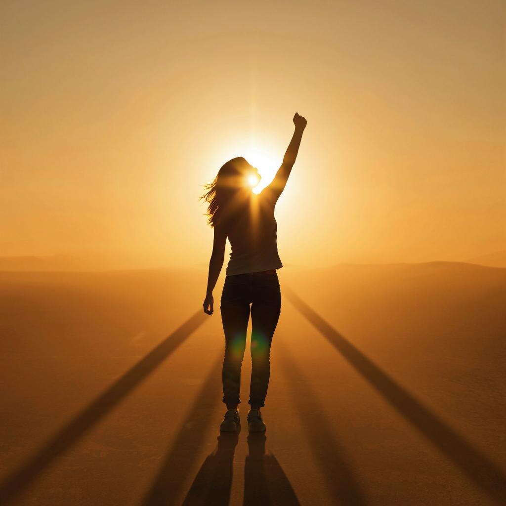 Силуэт женщины стоит на границе густой тени и мягкого солнечного света, протягивая руку к лучам, на лице отражение надежды и веры в завтрашний день.