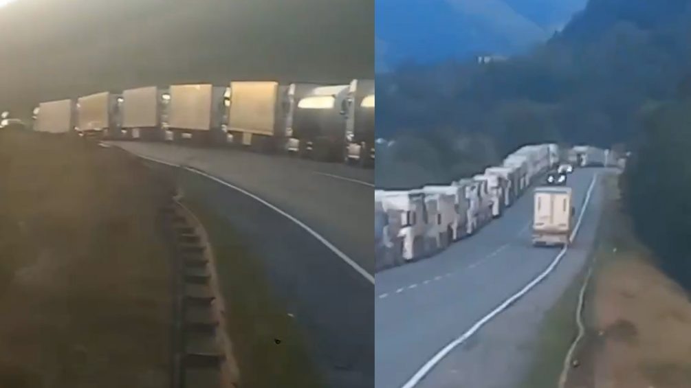    Многокилометровая пробка на границе с Россией. Фото: кадр видео