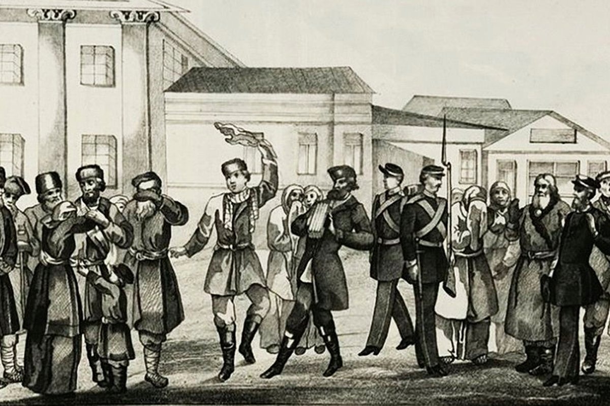 Рекрут куражится. Литография XVIII в.