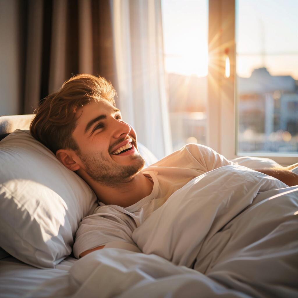 Парень просыпается в кровати, поднимает голову, солнечные лучи ласково касаются лица, за окном прекрасный рассвет