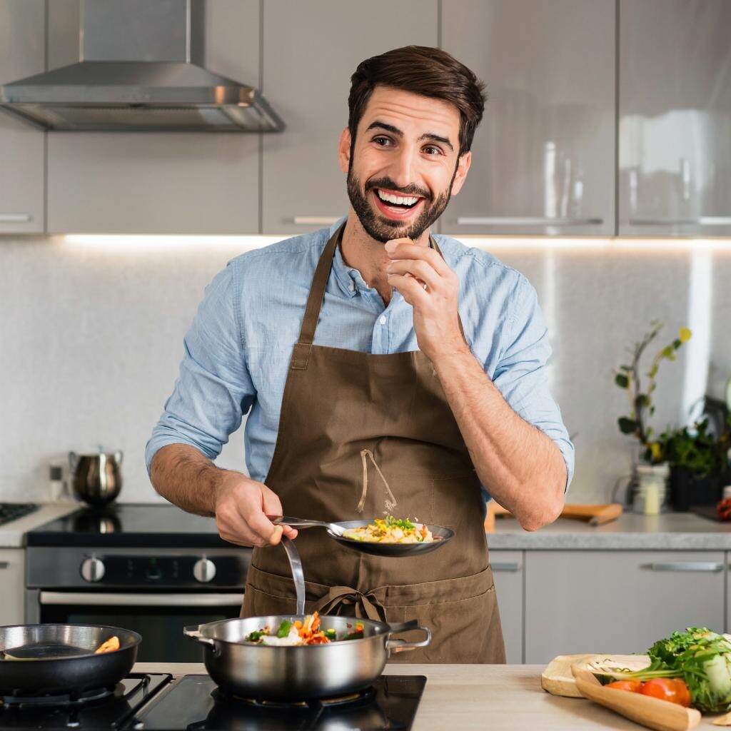 Юноша готовит необычный рецепт в кухне, улыбается, тестирует новое блюдо, кухонные принадлежности разбросаны вокруг.