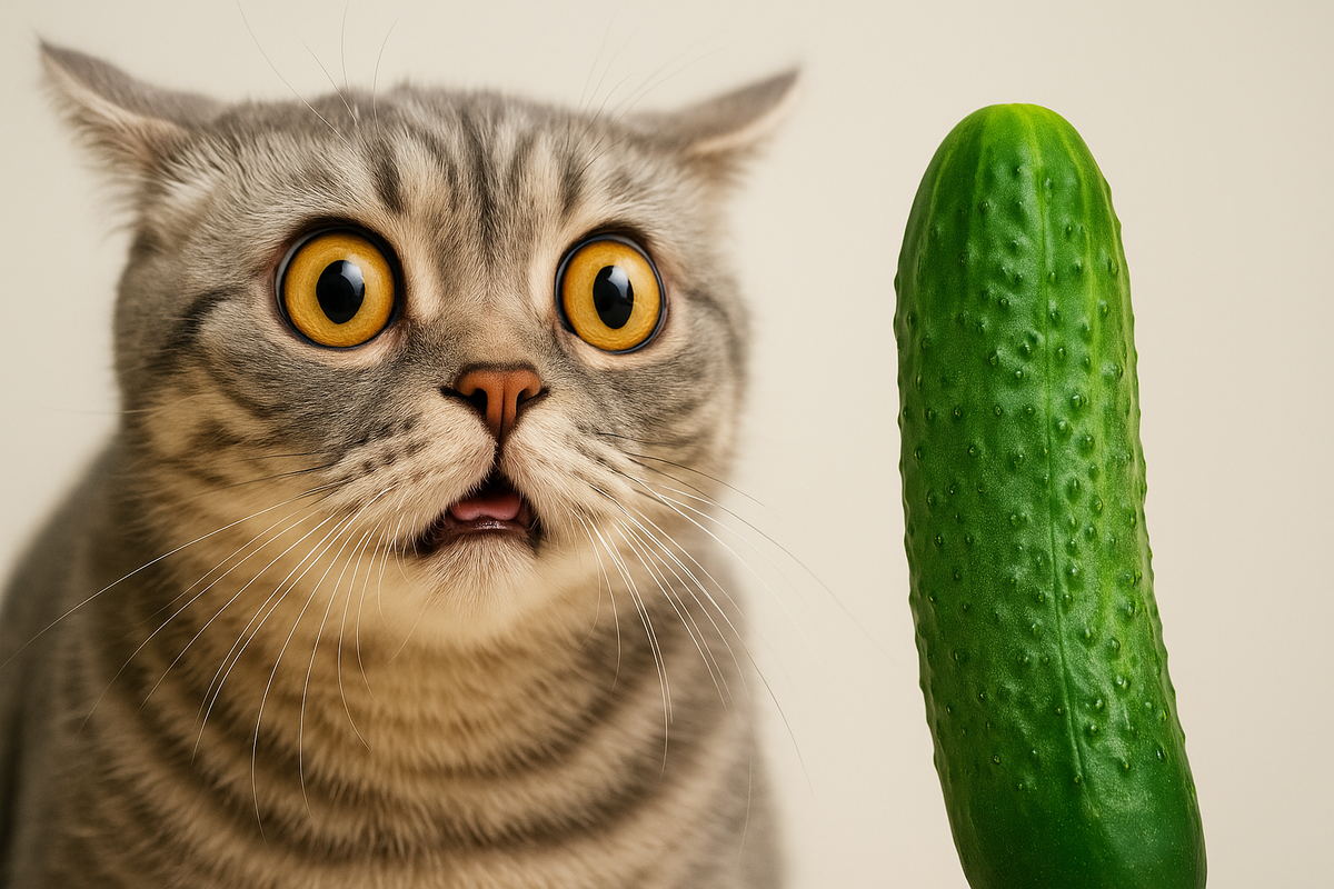 Кот с испуганными глазами смотрит на огурец — почему кошки боятся огурцов