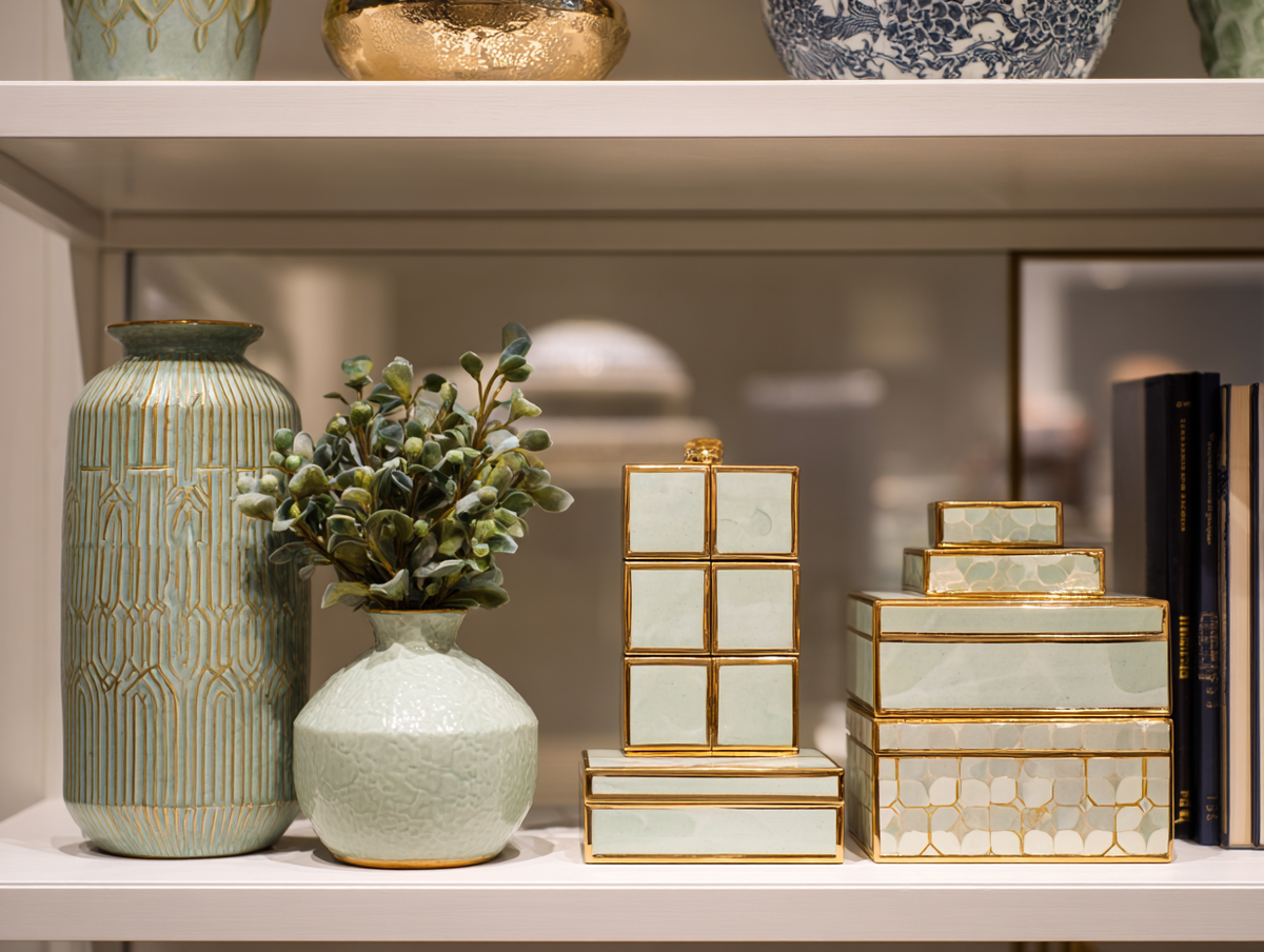 Можно собирать на одной полке предметы в одной цветовой гамме. Очень гармоничное решение.