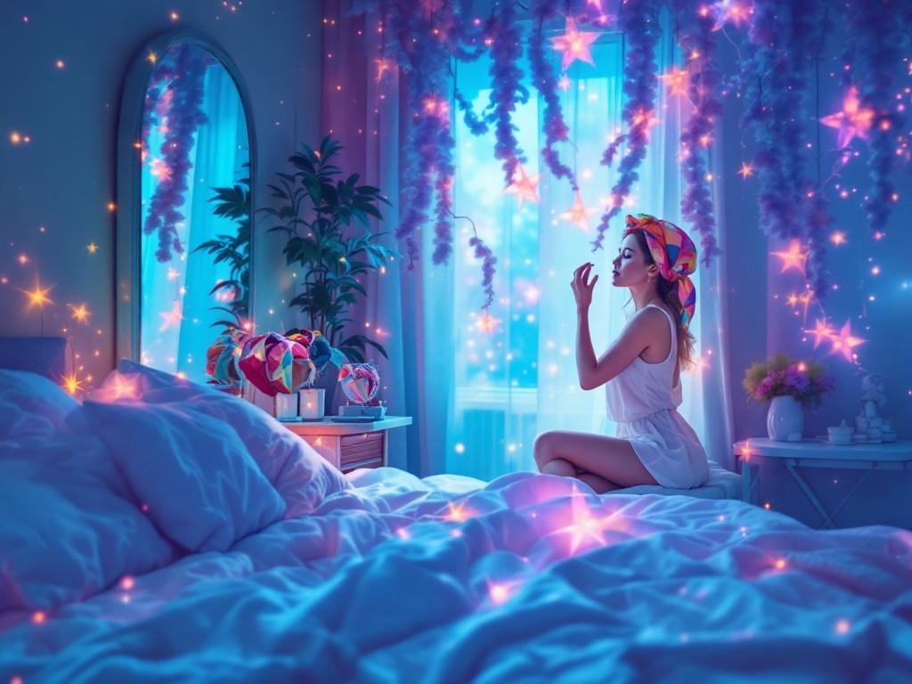    К чему такое снится: Женщина стоит перед зеркалом и примеряет разноцветную косынку на голове. В комнате видны зеркало и столик с другими головными уборами. В зеркале отражается её обеспо