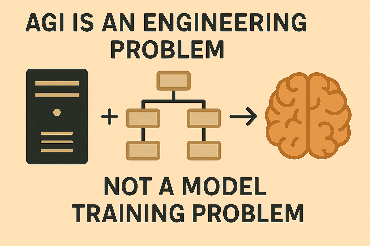 На картинке изображена концепция AGI как инженерной задачи: сервер и схема процессов символизируют инфраструктуру и оркестрацию, а мозг справа показывает конечную цель — интеллект.