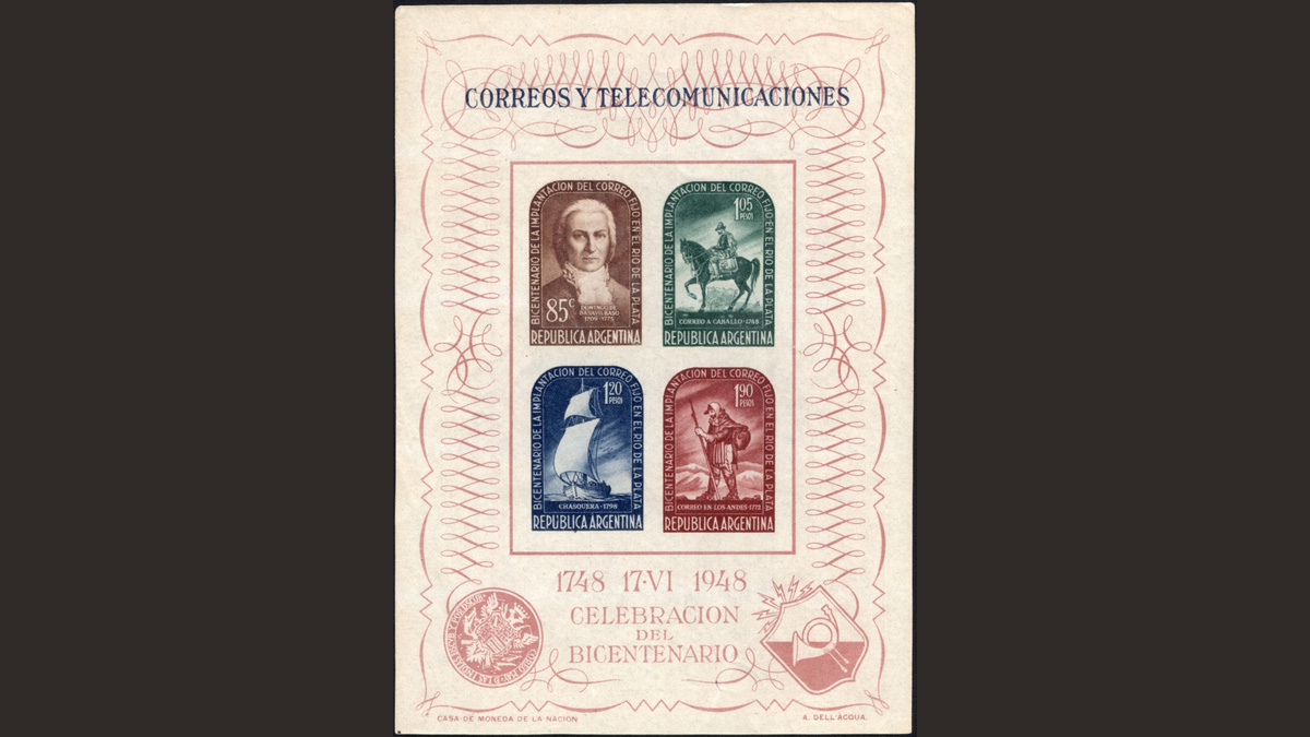 1.1. Аргентина, 1948 год, Блок Bl 8 (103 x 144 мм). № 559 - Доминго де Басавильбазо (1709-1775), № 560 - Почтовый всадник 1748 г., № 561 - Моряк 1798 г., № 562 - Почтальон в Андах 1772 г. 200-летие почтовой службы в Рио-де-ла-Плата.