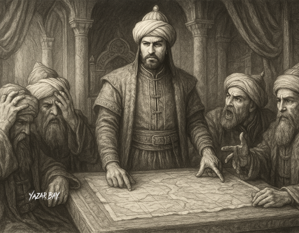 В тронном зале Бурсы тюркские беи в страхе и ярости обсуждают новость о прибытии в Византию непобедимой армии каталонских наемников.©Язар Бай