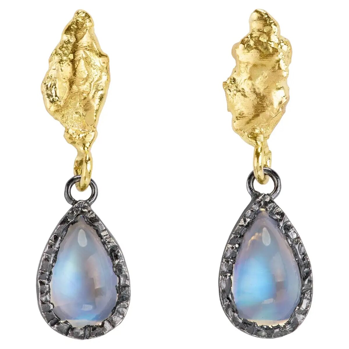 Крупные серьги-подвески из 18-каратного золота и серебра с радужным лунным камнем 2,05 карата