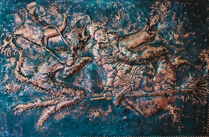 Чеканка . "Похищение месяца".  По произведению Н.В. Гоголя . Вечера на хуторе близ Диканьки. 58 х87 Медь. Багет . Иркутск 2020 г.