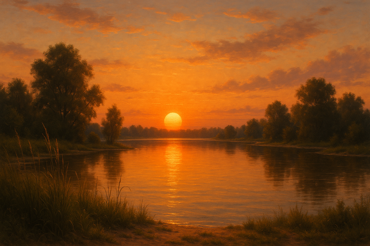 Теплый летний закат над озером на фоне природы