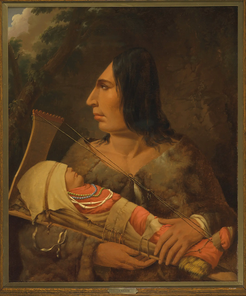 На картине Пола Кейна середины 19-го века, написанной под впечатлением от его путешествий по долине реки Колумбия, изображена женщина с ребенком, чья голова находится под постоянным давлением деревянной рамы / Royal Ontario Museum