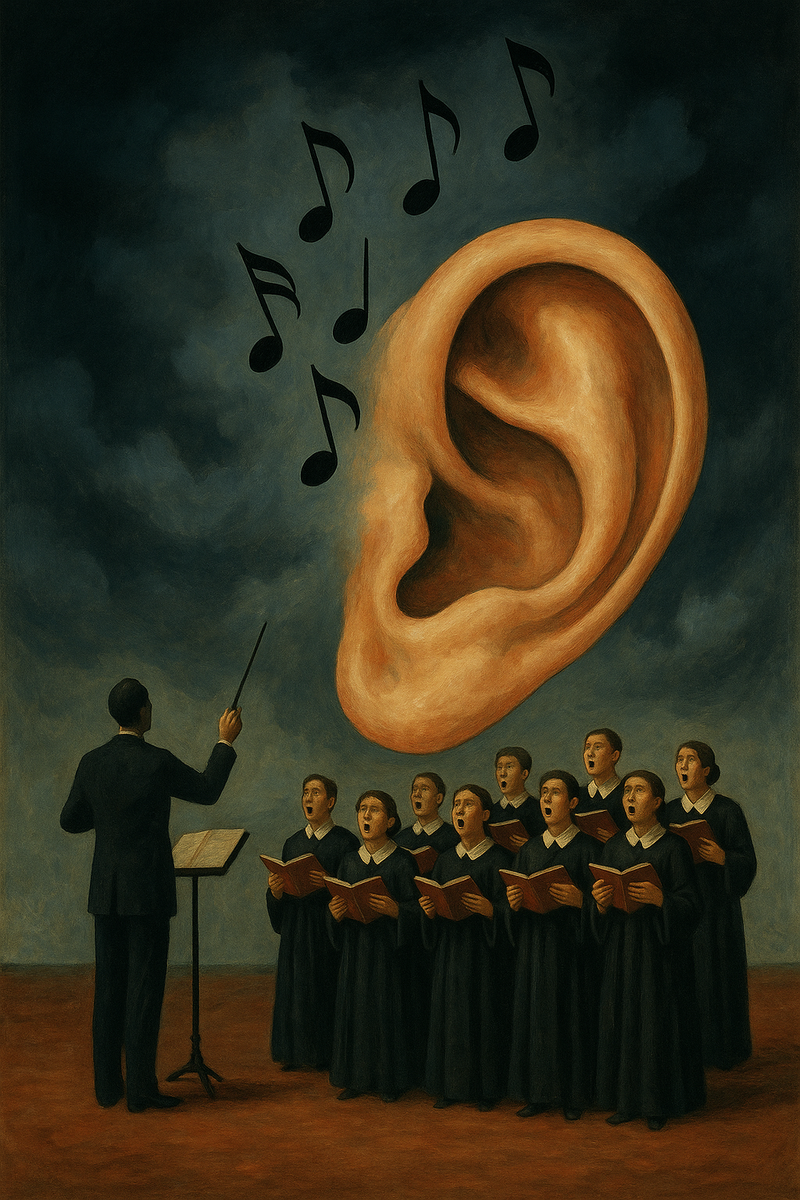 Картинка в сюрреалистичном стиле показывает хор певцов, поющих перед гигантским ухом, символизирующим трудности восприятия хоровой музыки: живое звучание, сложность передачи в записи и непонимание текстов.
