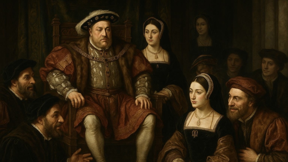 Королевский двор Генриха VIII. в полутени на заднем плане — Джейн Сеймур с сдержанной улыбкой