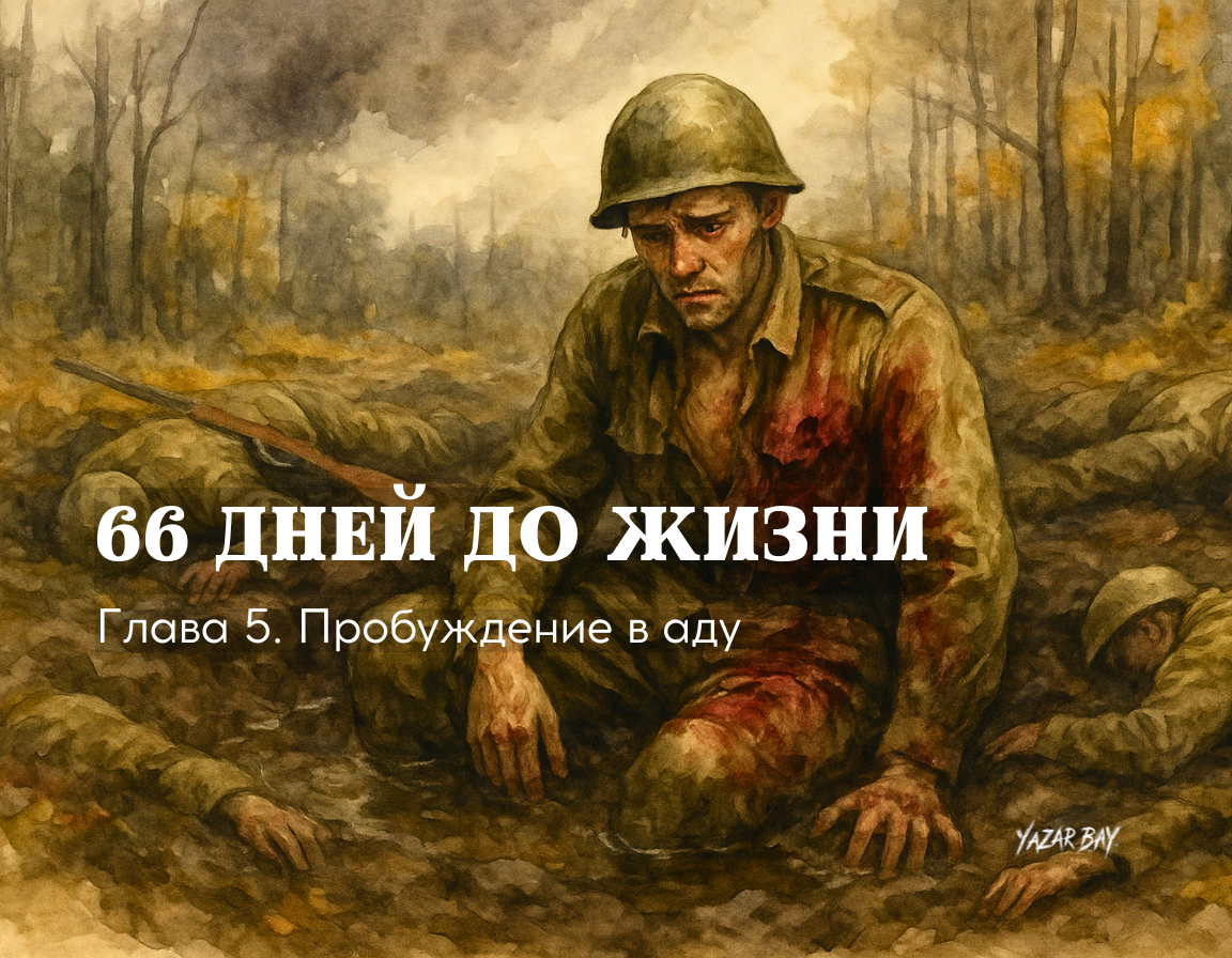 Тяжело раненый советский сапер Дмитрий Яблочкин приходит в себя после боя, один, в окружении своих павших товарищей.©Язар Бай