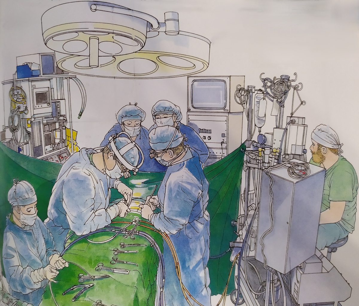 Слева направо: операционная сестра, хирург, анестезиолог, асистент хирурга