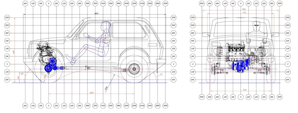 разметка компоновки двигателя и трансмиссии в кузове ВАЗ-2121